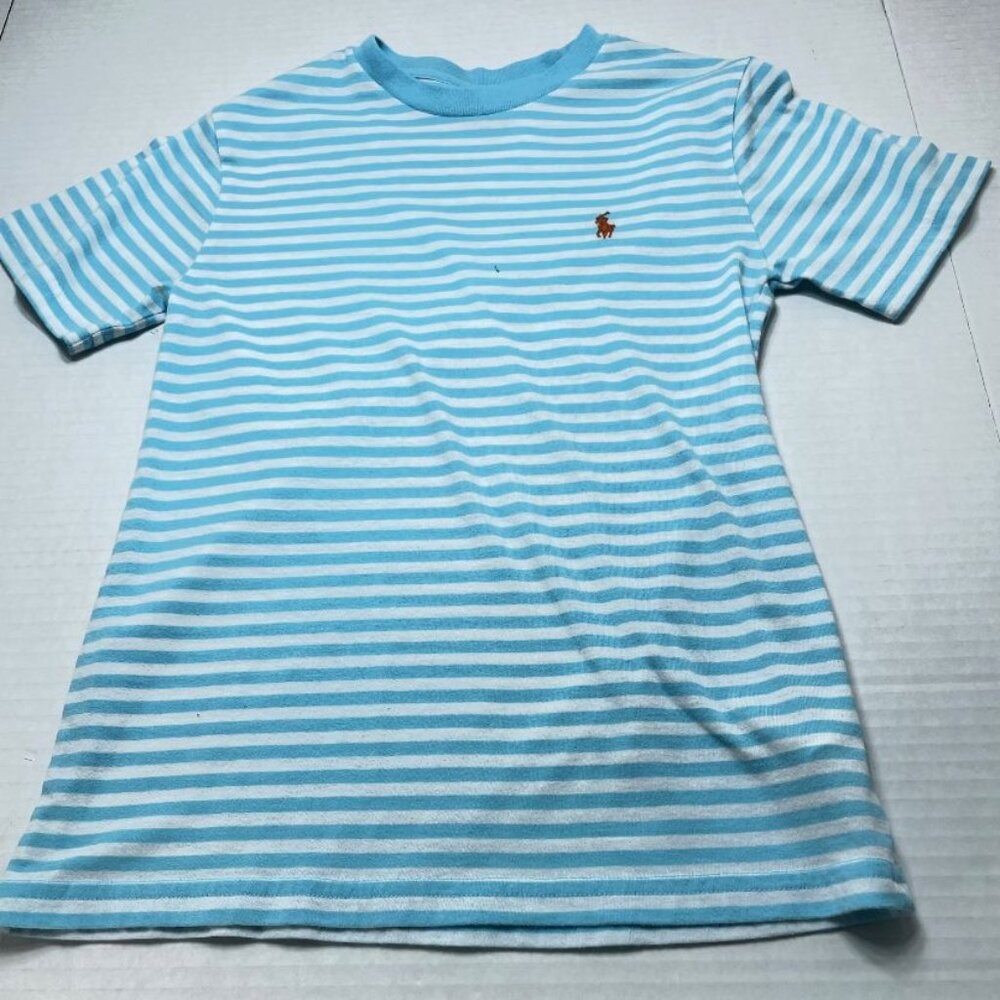 Polo Ralph Lauren Boy's T-Shirt - Light Blue and White Striped - Size S - EUC